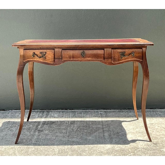French Provincial Vintage Italian Embossed Leather Top Writing Desk For Sale - Image 3 of 12