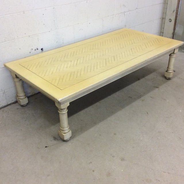 French Country Yellow Wood Coffee Table With Herringbone Pattern
