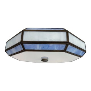 Mid Century Blue & White Tiffany Style Flush Light For Sale