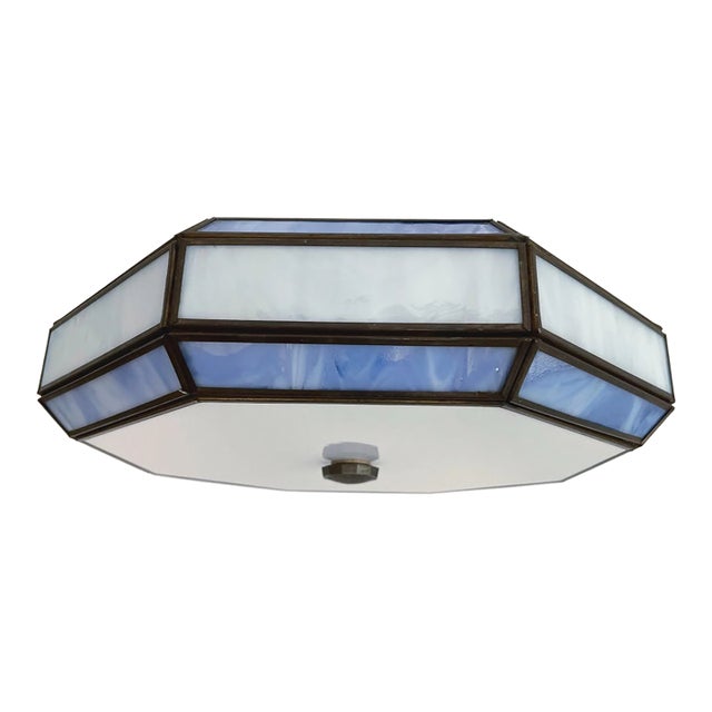Mid Century Blue & White Tiffany Style Flush Light For Sale