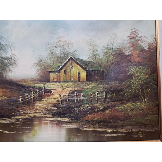 Vintage Woodland Lake Oil Painting on Canvas, Gold Frame, Signed, 1980s, Large For Sale - Image 12 of 18