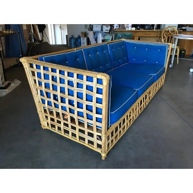 Restored Milo Baughman Style Stick Reed Rattan Cubists Sofa For Sale - Image 4 of 12