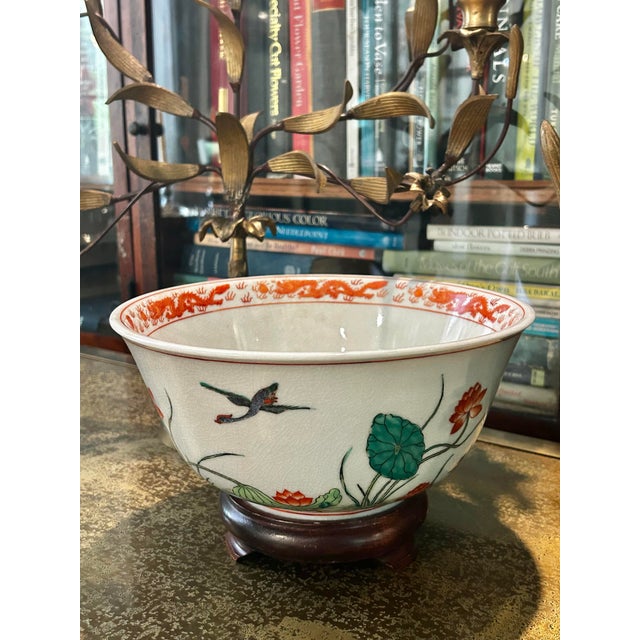 Chinoiserie Vintage 10” Hand-Painted Porcelain Lotus & Dragon Centerpiece Bowl With Ming Style Wood Stand For Sale - Image 3 of 11