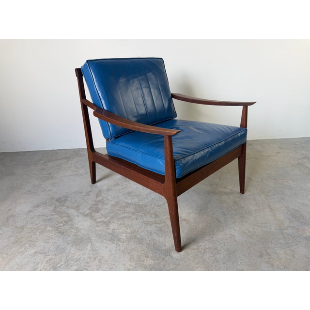 Wood Mid Century Ib Kofod Larsen Style Scandinavian Lounge Chair With Blue Leather Cushions For Sale - Image 7 of 18