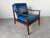Wood Mid Century Ib Kofod Larsen Style Scandinavian Lounge Chair With Blue Leather Cushions For Sale - Image 7 of 18