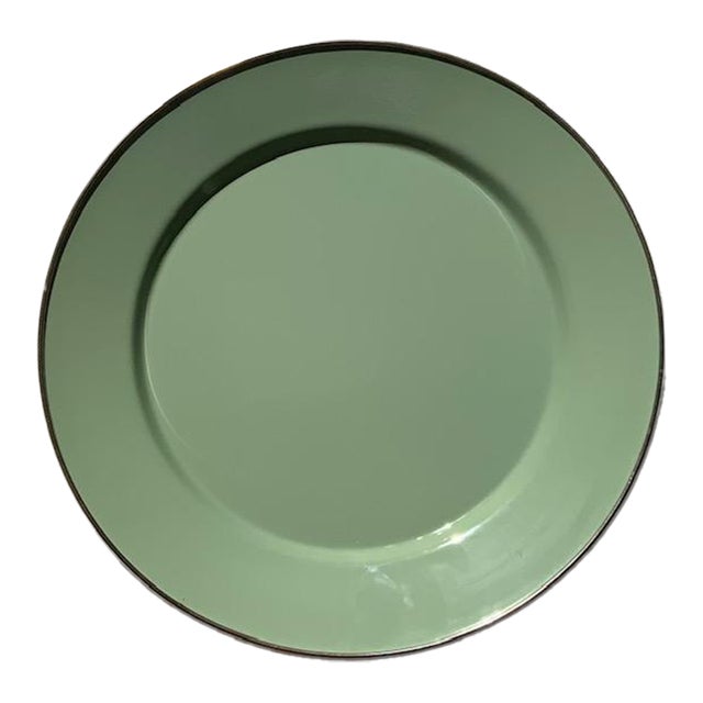MacKenzie-Childs Sage Green Enamel Charger Plate, Handmade Metal Rim, 12", Aurora Ny — Set Available For Sale