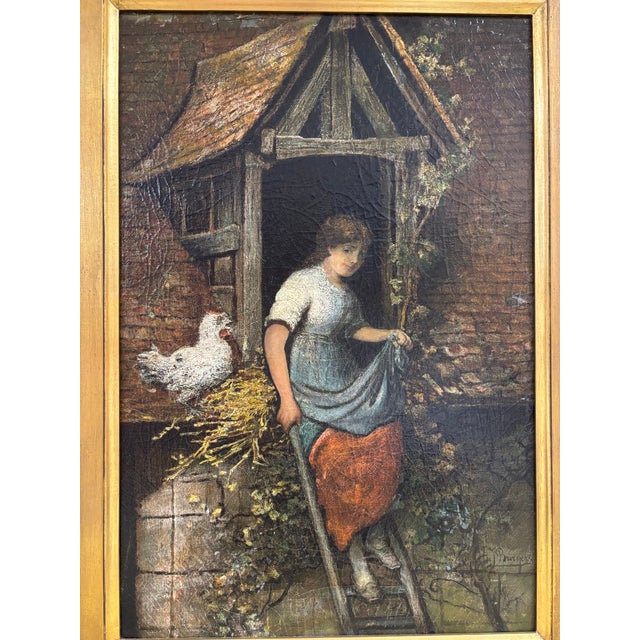 Stunning 19th Century oil on canvas depicting a woman gathering eggs. Signed by listed artist H. J. Burgers. Hendricus...