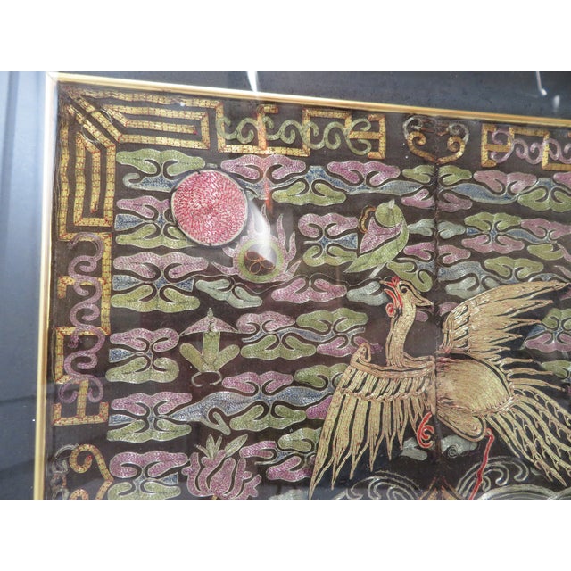 Textile Antique Pair of Qing Dynasty Chinese Embroidered Silk Buzi Civil Rank Badges ~ Gold Frame For Sale - Image 7 of 17