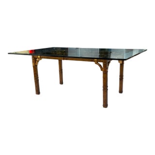Asian Influenced Glass Dining Table in Faux Bamboo Having Bronze Fretwork For Sale