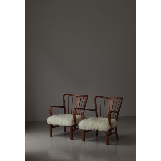 1940s Elm, Cane, and Sheepskin No. 1588 Lounge Chairs from Fritz Hansen, Denmark, 1940s, Set of 2 For Sale - Image 5 of 18