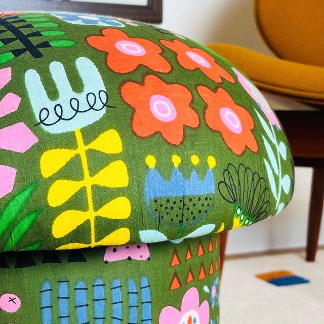 Mushroom Ottoman in Green Garden Hand Block Printed Fabric For Sale In San Francisco - Image 6 of 11