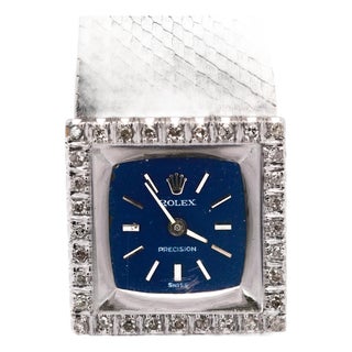 1970s Rolex Precision 2157 Ladies 18k White Gold Diamond Bezel Blue Dial Watch 1972 For Sale