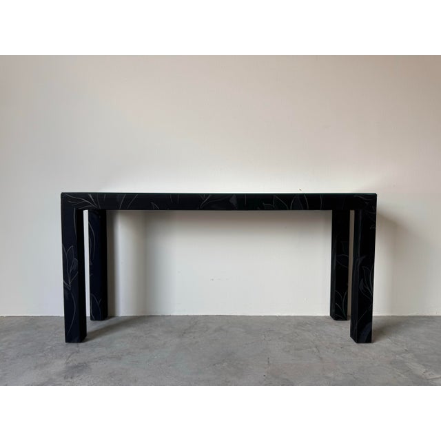 1980’s Postmodern Parsons-Style Upholstered Console Table With Glass Top For Sale - Image 12 of 12
