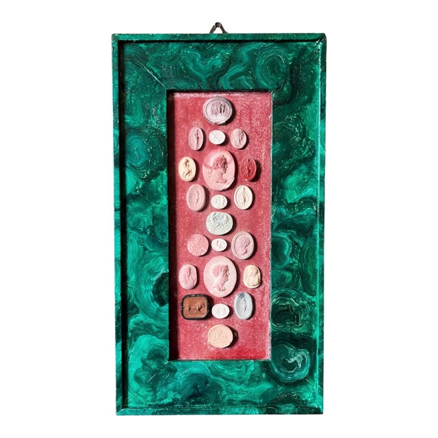 19th Century Italian Grand Tour Intaglio Collection With Painted Faux Malachite Frame For Sale