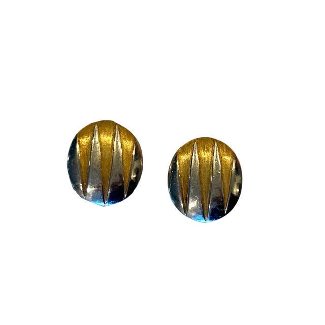 1980s Crown Trifari Vintage Brushed Gold and Silver Tone Domed Clip-on Earrings, A Pair For Sale - Image 6 of 6