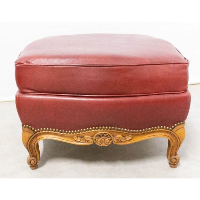 French Beech and Red Skai Ottoman, 1960s For Sale - Image 3 of 9