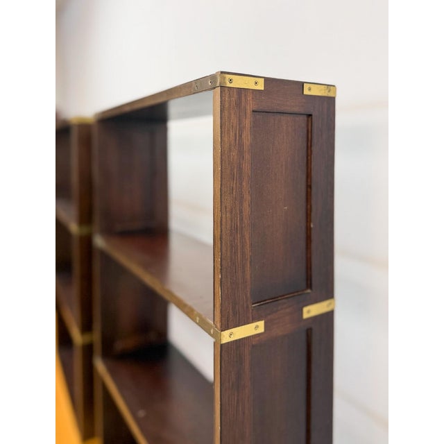 Bombay Company Campaign Style Shelf Pair Brass Trim Vintage Traditional For Sale - Image 13 of 18