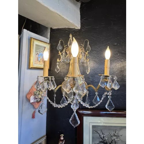 Pair of 1980s Contemporary Rococo Style Brass and Crystal Bi Level Three Light Sconces For Sale - Image 9 of 12
