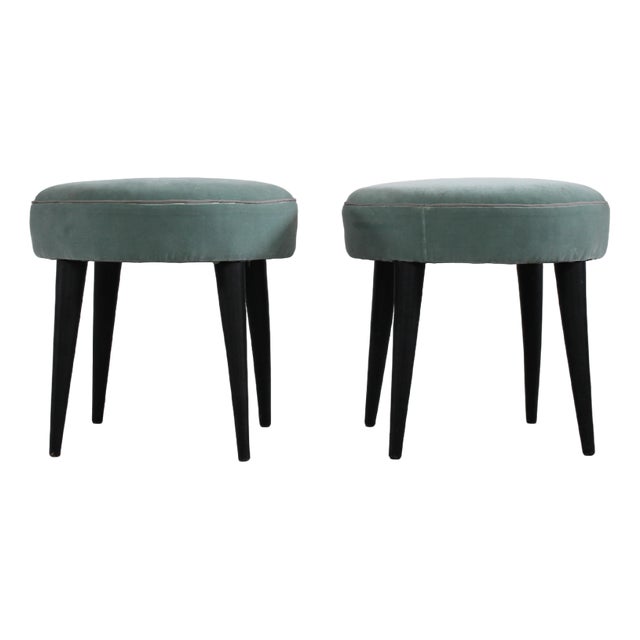Set of Italian Stools in Black Lacquered Wood and Padded Fabric attributed to Gio Ponti, 1950s For Sale