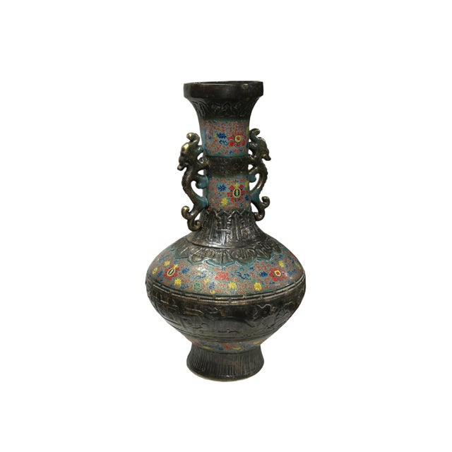 1970s Orient Bronze Glaze Dragon Handle Color Floral Motif Ceramic Vase For Sale - Image 5 of 15