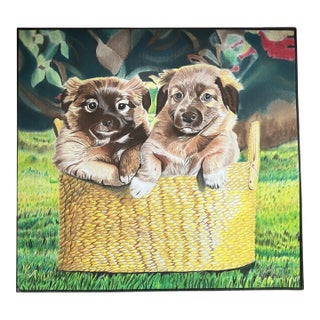 1970’s Original Pastel Drawing 2 Puppies in Basket in Garden Signed For Sale