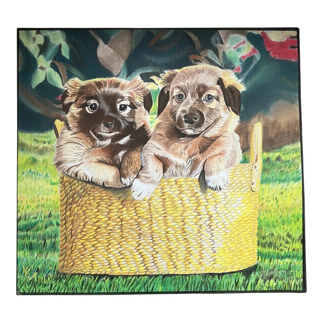 1970’s Original Pastel Drawing 2 Puppies in Basket in Garden Signed For Sale