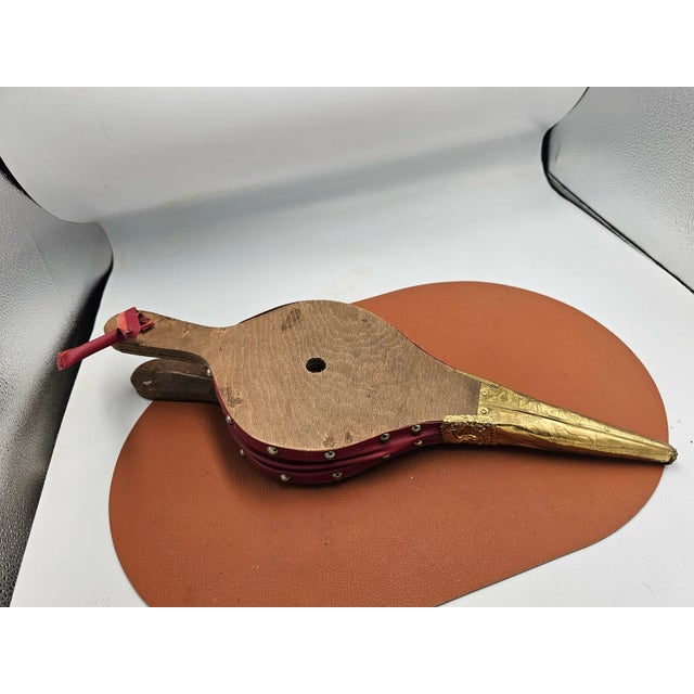 Bellows for lighting a barbecue, wooden, brass, vintage 1960s, dimensions: height 44.5 cm, width 16 cm, depth 4 cm.