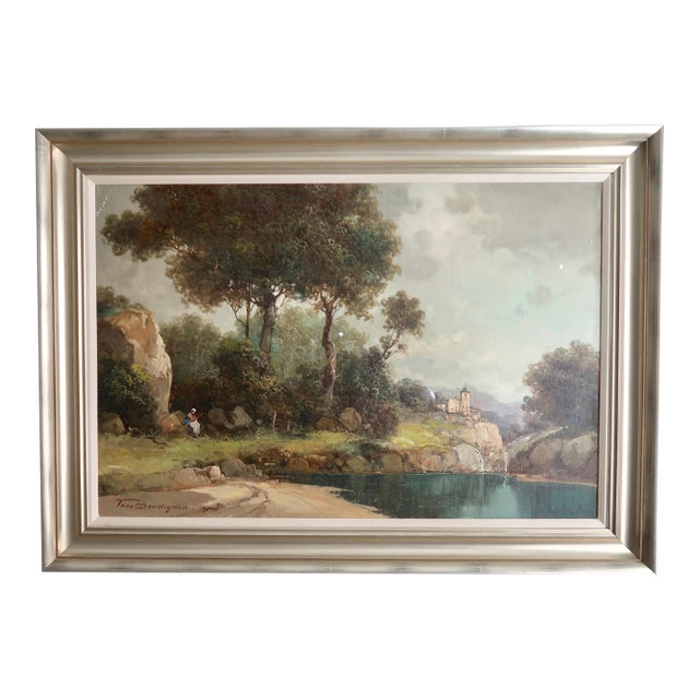 Mid 20th Century Large Custom Framed Italian Countryside Village Landscape Oil Painting by Toni Bordignon For Sale
