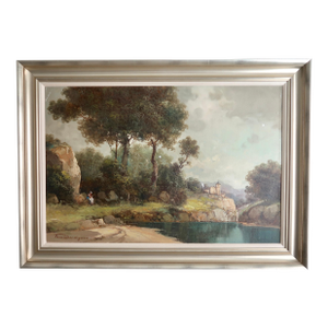 Mid 20th Century Large Custom Framed Italian Countryside Village Landscape Oil Painting by Toni Bordignon