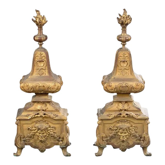 French Regence Louis XIV/XV Style Gilt Bronze Andirons - A Pair For Sale