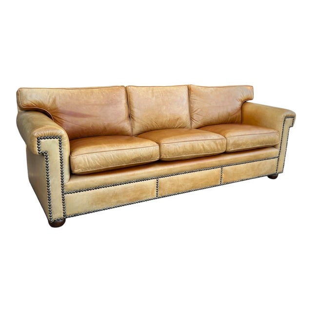 1970s Vintage English Leather Sofa Tan Color Nail Head Trim Feather Down Cushions For Sale - Image 5 of 18