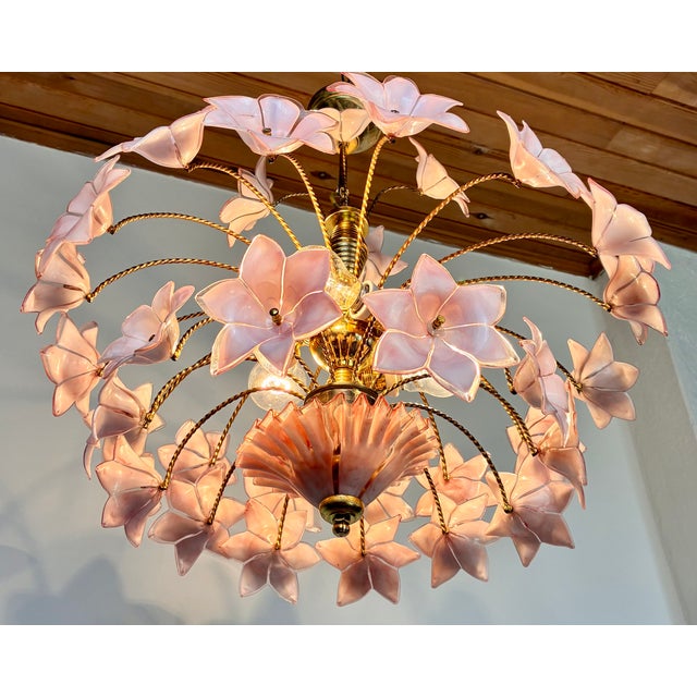 1980s Pink Murano Style Hand Painted Floral Glass Chandelier For Sale - Image 14 of 16
