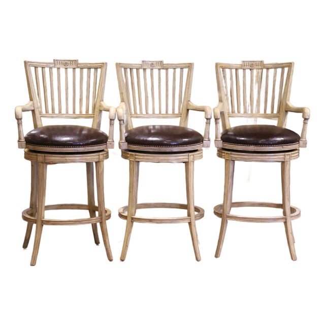 Late 20th Century Louis Philippe Style Cream-Painted Swivel Barstools With Leather Seats- Set of 3 For Sale