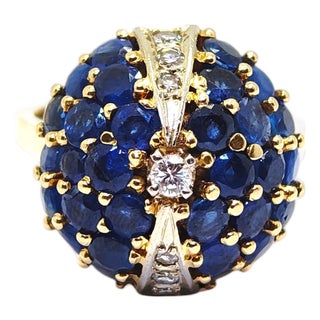 Late 20th Century 18k Yellow Gold Sapphire & Diamond Bombe Ring, Size 5 For Sale