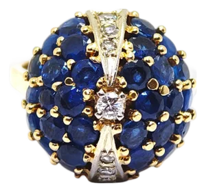 Late 20th Century 18k Yellow Gold Sapphire & Diamond Bombe Ring, Size 5