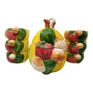 Vintage Himark Vegetable Soup Tureen Set, Made in China, Hand Painted Ceramic Corn and Veggies Kitchen Decor, 8-Piece Set
