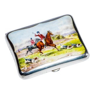 Exceptional Hand Painted Enamel Antique Sterling Silver Cigarette Case Horse Equestrian English Country Fox Hunt Scene For Sale