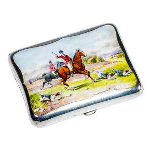 Exceptional Hand Painted Enamel Antique Sterling Silver Cigarette Case Horse Equestrian English Country Fox Hunt Scene