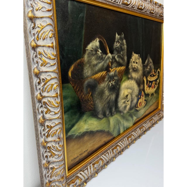 Early 20th Century British Persian Cat Oil Painting by Agnes Augusta Talboys Rwa With Decorative Tea Service For Sale - Image 5 of 18