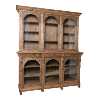 19th Century Large French Bleached Oak Carved Bookcase Display Cabinet For Sale