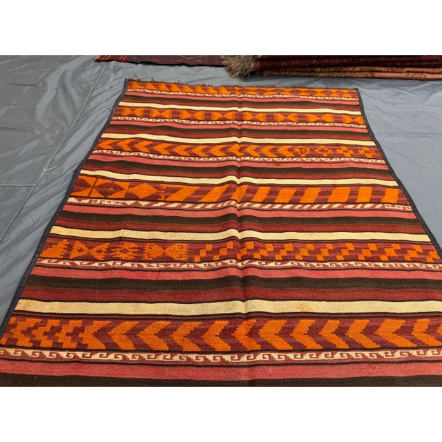Vintage Distressed Flat Weave Kilim Runner Rug, Earthy Red Orange Geometric Stripes Rug For Sale - Image 4 of 10