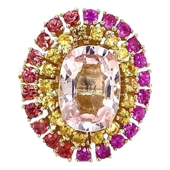 6.32 Carat Natural Pink Morganite Sapphire Yellow Gold Cocktail Ring, Size 7 For Sale