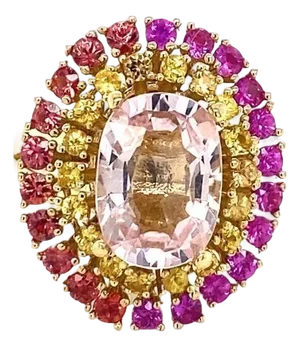 6.32 Carat Natural Pink Morganite Sapphire Yellow Gold Cocktail Ring, Size 7