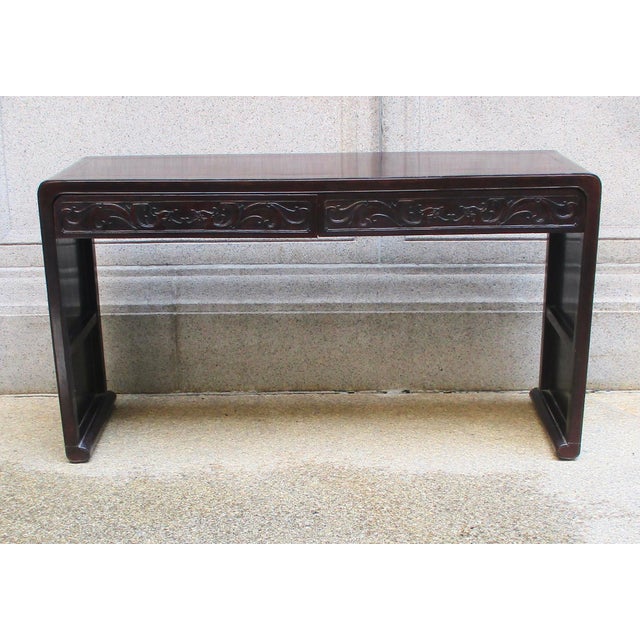 Vintage Chinese Writing table and console. Varnished Elmwood table, Traditional plum/brown color varnish. Two drawers with...