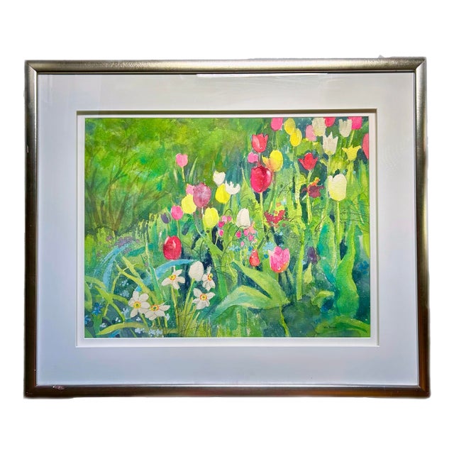 Late 20th Century Large 33" Framed Original Nelle Ferrara Impressionist Floral Garden Watercolor For Sale