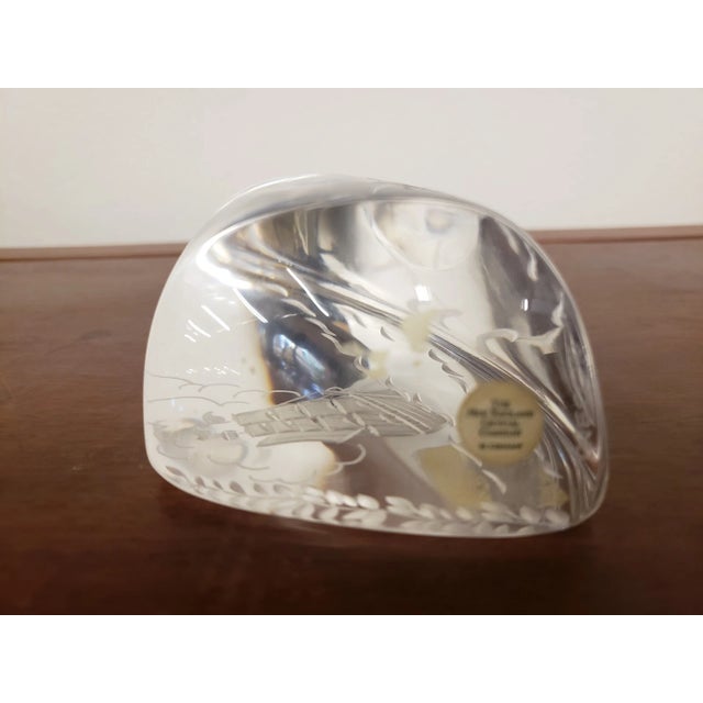 Glass Vintage New England Crystal Co German Intaglio Etched Art Glass Sailing Ship Paperweight For Sale - Image 7 of 8