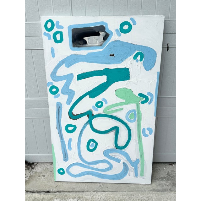 Colorful white and blue abstract painting. Large size. Perfect to add some visual interest and a pop of color to any...