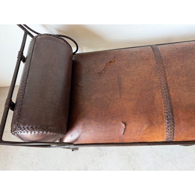 Vintage Rustic Wrought Iron & Leather Scroll Bench For Sale - Image 4 of 16