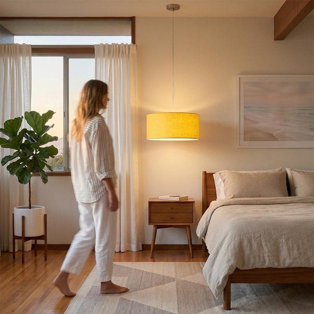 Built with satin nickel and featuring a mustard linen shade, the Stretch Pendant is a modern lighting solution by the NOVA...