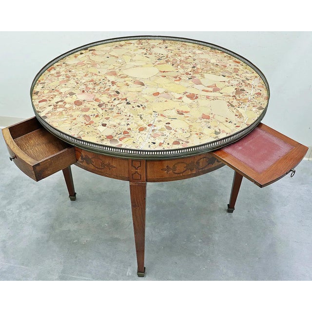 French Louis XVI style occasional side table, marble top with bronze reticulated gallery, lovely inlay work to apron and...